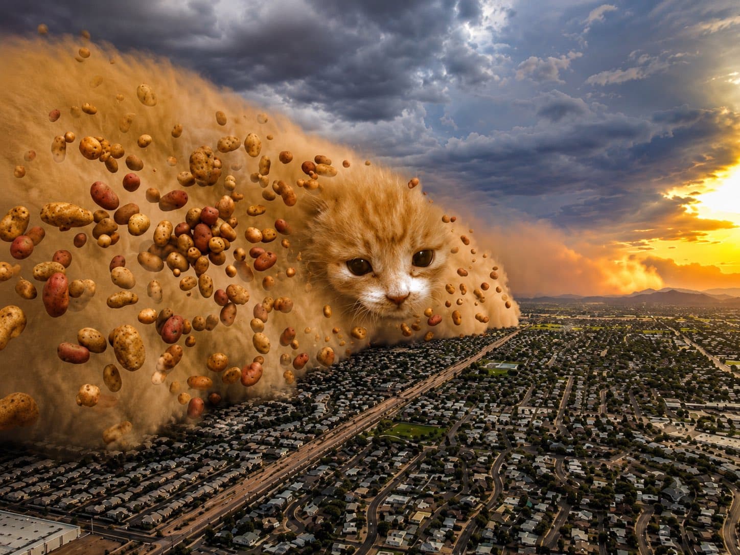 Giant potato cat storm rolling over a city