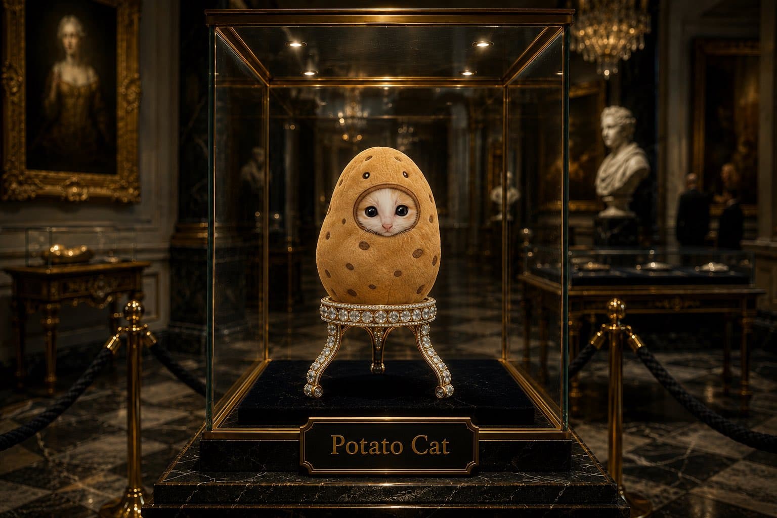 Potato cat displayed in a museum vitrine