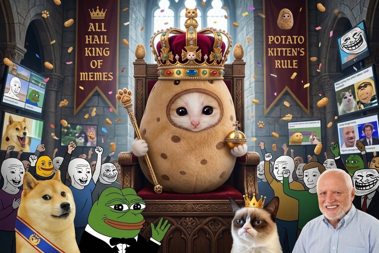 Potato crowned king of memes on a throne