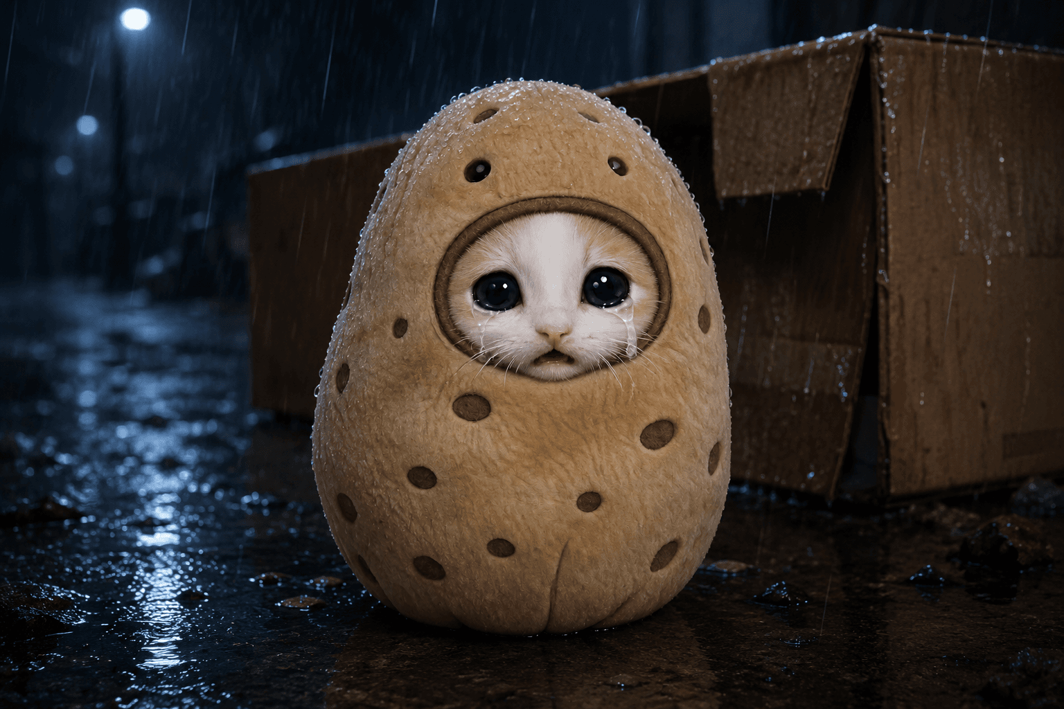 Potato as a newborn, crying in the rain next to a cardboard box