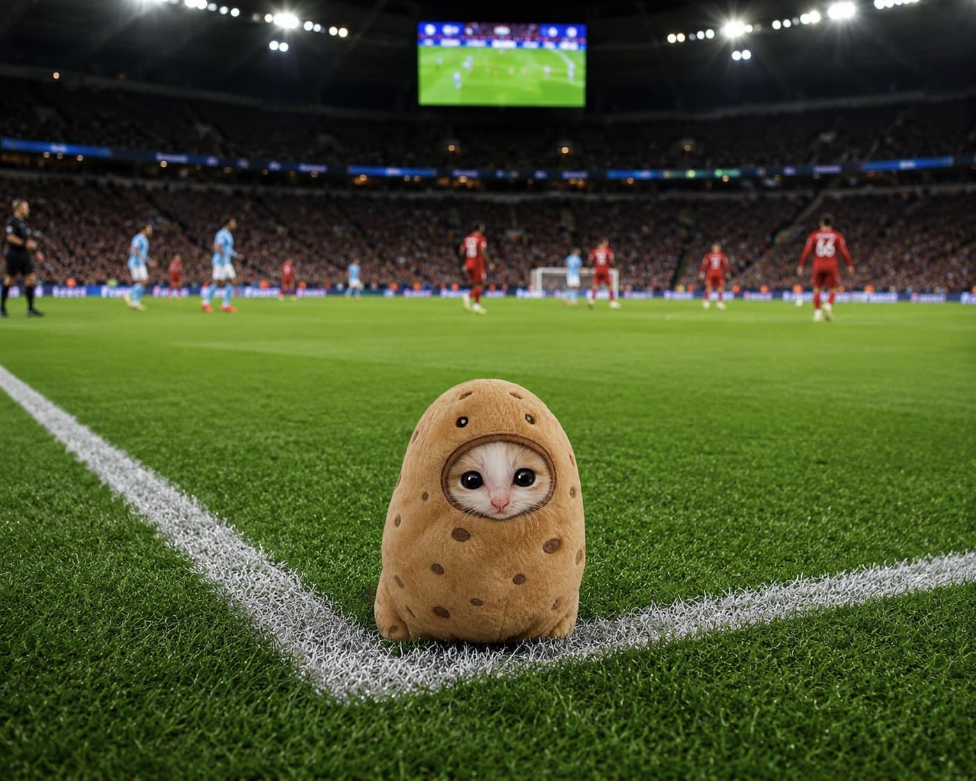 Potato cat on a football pitch