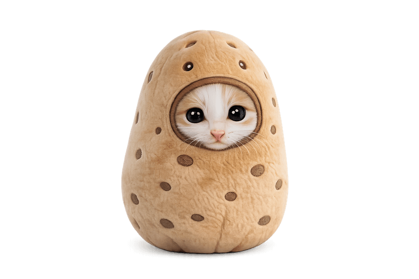 Potato today, healthy and sitting upright in his potato costume